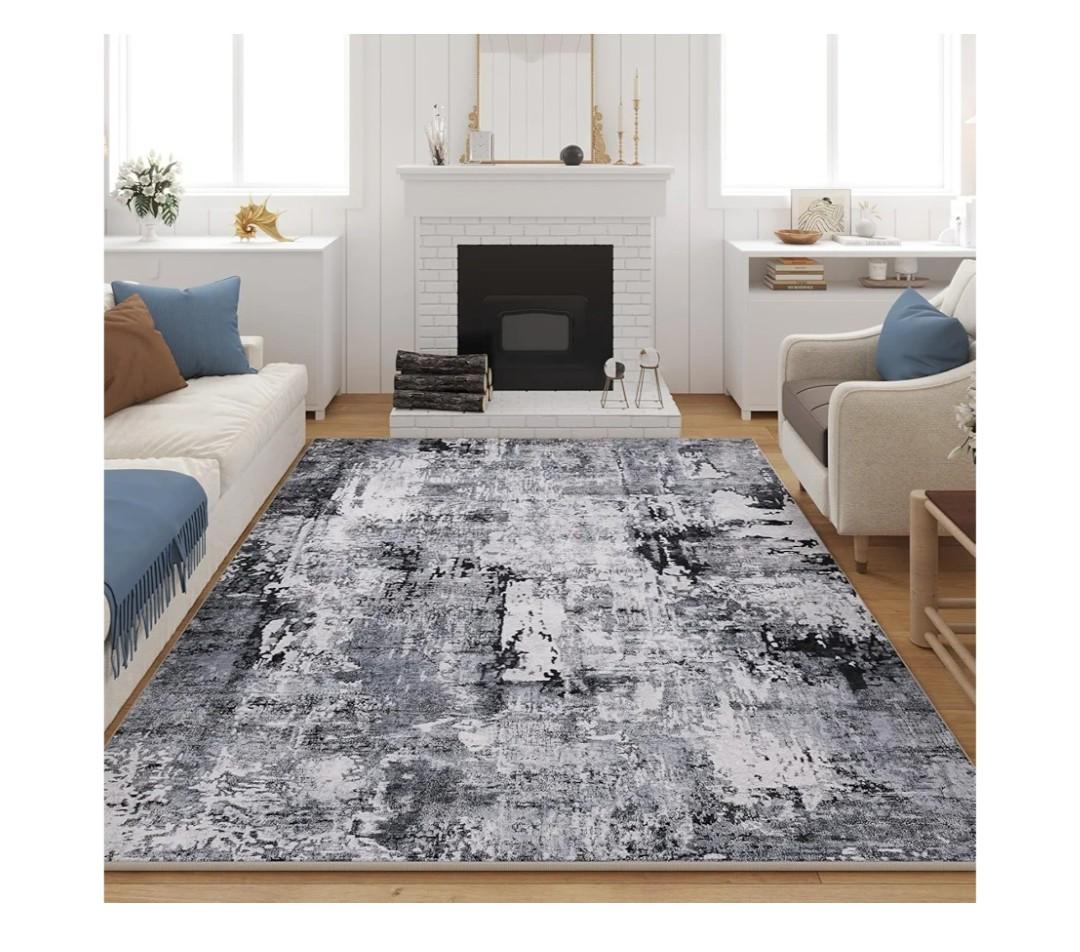 Rugcomf 8x10 Area Rug Washable Boho Rug Soft Non-Slip Non-Shedding Faux Wool Vintage Rug for Living Room, Farmhouse, Dining Room, Indoor, Kids Playroom, Grey and Black