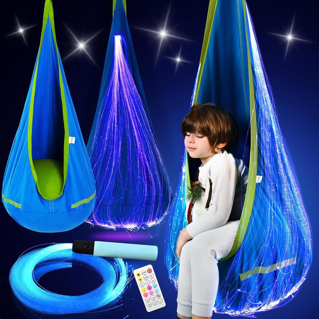 OUTREE Pod Swing Featuring Fiber Optic with 10 Colors and 17 Effects. Sensory Swing Suitable for Individuals with Sensory Needs (Blue)