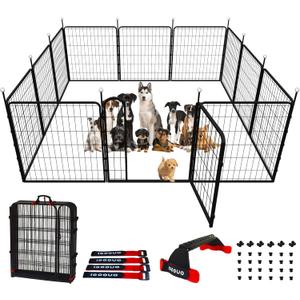 Dog Play Pen Indoors/Outdoor,32'' Portable Dog Fence with Easy-Carry Straps,12 Panels Dogs Pen Play Pen for Medium/Large Dogs,Rustproof Metal Pet Playpen for Camping RV Yard (with Two Doors)