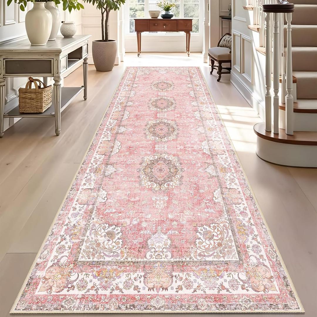 Washable Runner Rug 2'x8',Pink Rug Runners Non Slip,Long Boho Rugs for Hallways Kitchen Bathroom Bedroom Entryway,Vintage Bohemian Distressed Floor Carpet,Blush Floral Flowers