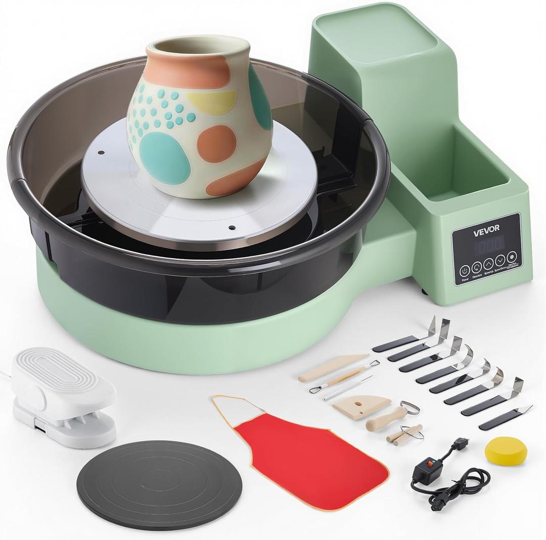 VEVOR Pottery Wheel for Adults, 14" and 11" Turntables, 450W Electric Table Top Pottery Wheel with Foot Pedal, 30-300 RPM Adjustable Speed, Detachable Basin, for Beginners, DIY Clay Art Craft, Green