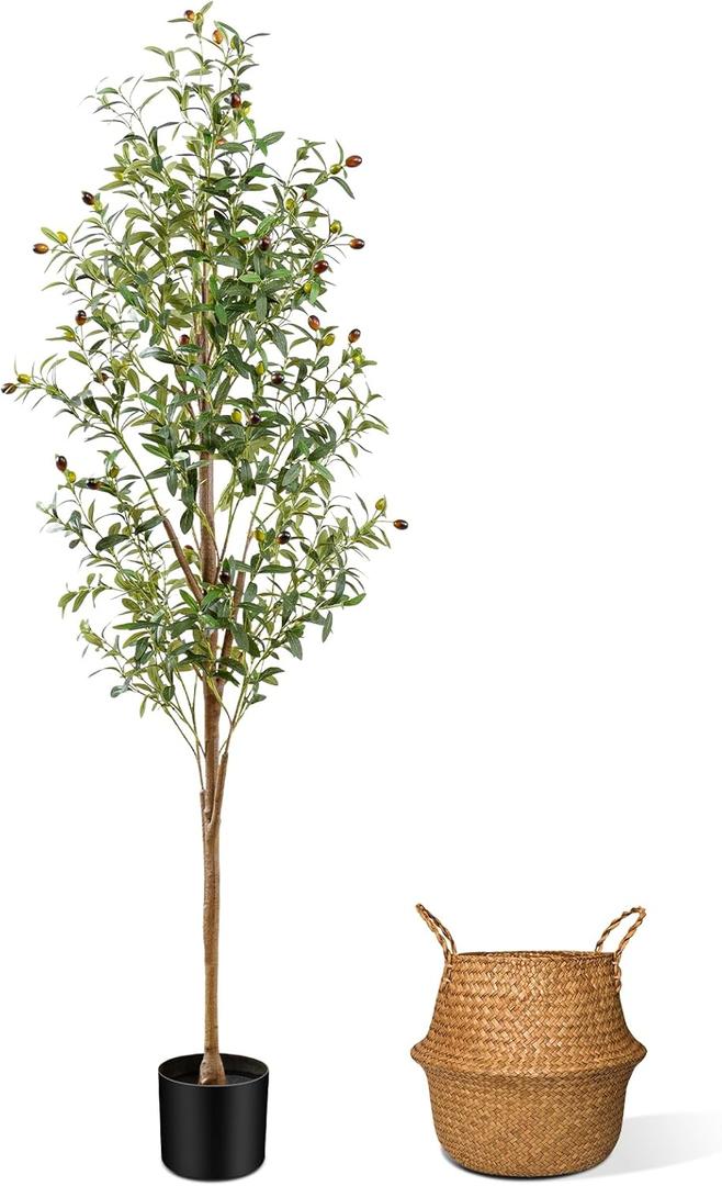 6FT Artificial Olive Tree Indoor, Tall Faux Olive Tree with Pot&Basket, Large Fake Olive Tree with Realistic 1080 Silk Leaves and 60 Fruits for Living Room Home Office Decor (Green)