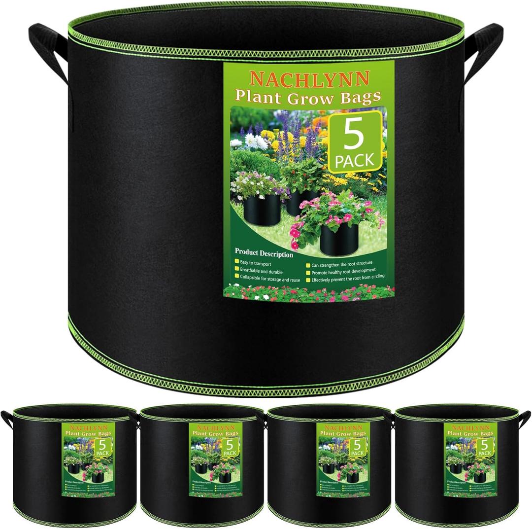 NACHLYNN 5-Pack 7 Gallon Grow Bags Thickened Nonwoven Fabric Pots with Handles Heavy Duty Aeration Fabric Pots Plant or Fruits Flowers Plant for Gardening 12"x14"