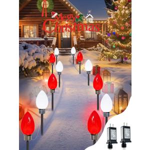 12 Pack C9 Christmas Lights Outdoor, Jumbo Bulbs Outdoor Christmas Decorations Plug in with Timer, Waterproof Pathway Lights for Outside Indoor Party Yard Garden Wedding Xmas Decor (Red and White)