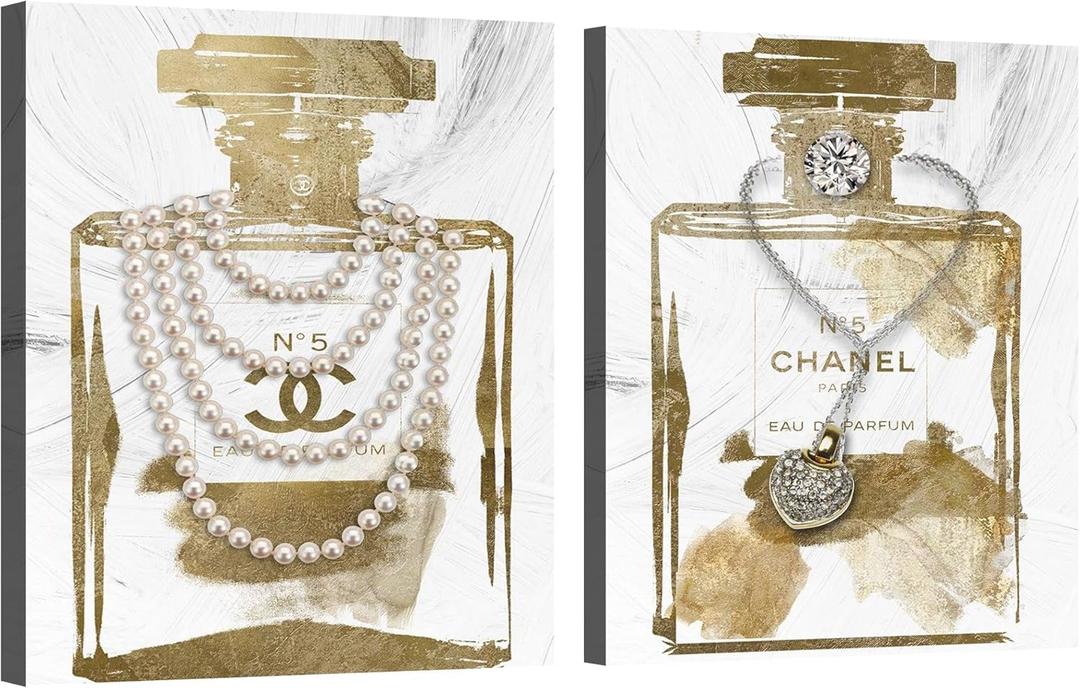 2 pieces Vintage Perfume Bottle Canvas Wall Art Modern Luxury Posters Print Fashion Glam Poster Picture for Bedroom Make up Room Home Decor 16"x24"(40x60cm)