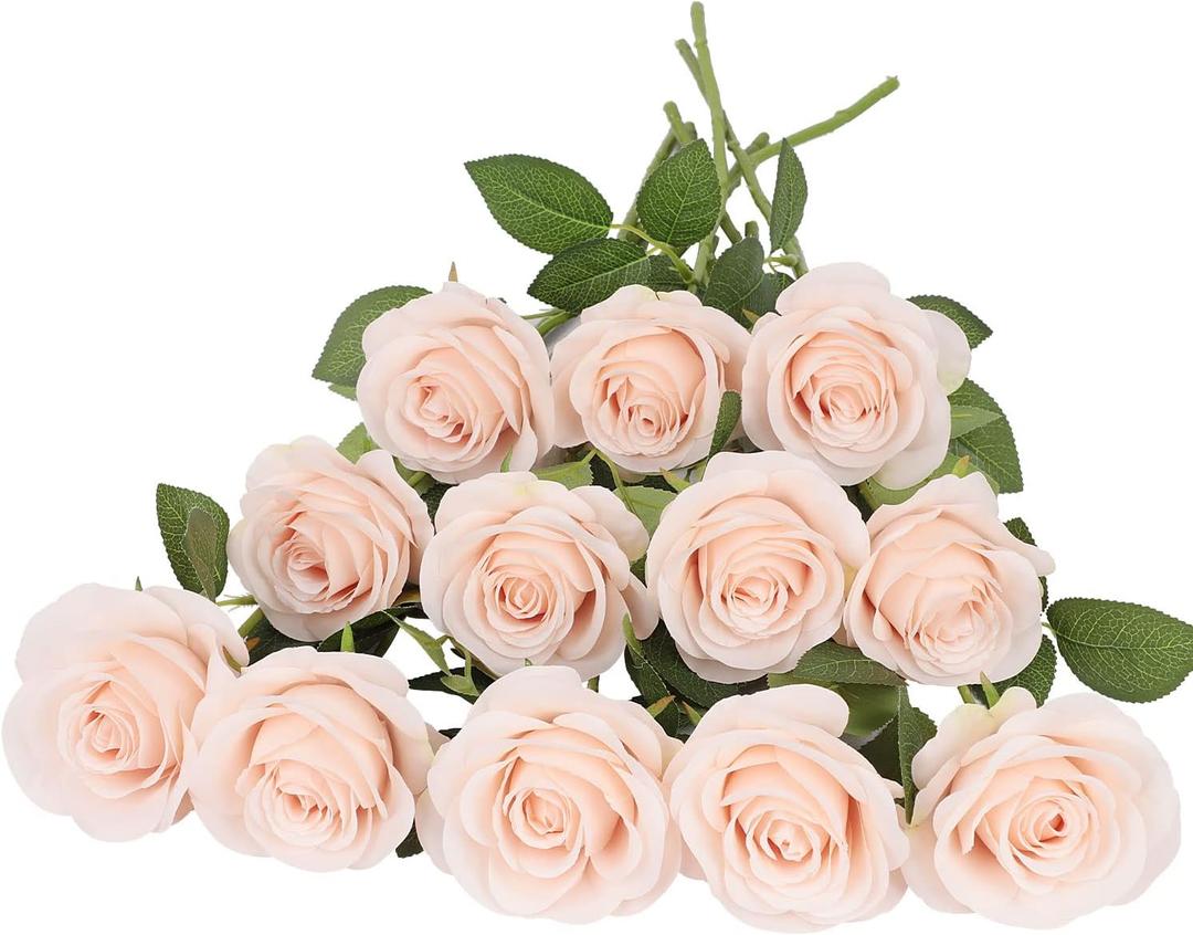12pcs Roses Artificial Flowers Pink Fake Roses Flowers with Long Stems Silk Flowers for Wedding Bouquet Centerpices Decorations Party Bridal Baby Shower Home Decor (Blush)
