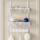 Over The Door Hooks Organizer, Over Door Storage with 12 Coat Hooks and 2 Mesh Basket, Bathroom Door Organizer Towel Rack Back of Door Hanger Organizer for Bedroom, Kitchen(White)