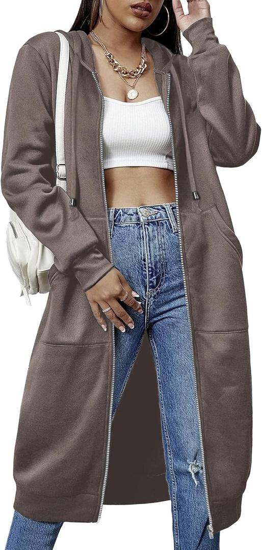 ELESOL Women Casual Zip up Fleece Hoodies Tunic Sweatshirt Long Hoodie Jacket S-XXXL (Large, Coffee Grey)