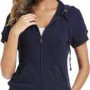 MISS MOLY Women's Short Sleeve Hoodie Full Zip Up Cotton Slim Fit Sweatshirt with Pocket (X-Large, Blue)