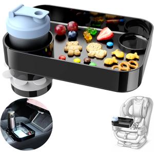 Car Seat Snack Tray for Kids, Mess-Free Square Travel Tray Cup Holder Snack Tray, Durable Car Food Tray for Toddlers, Universal Fit Kids Travel Road Trip Essentials (Black)