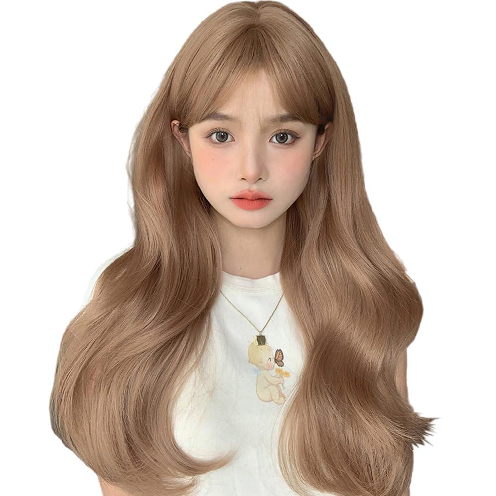 Milk Tea Color Long Hair Wig Long Curly Hair Big Wave Curly Hair French Air Bangs Daily Wig cos Lolita Simulation Wig 60cm 23inch (Milk Tea Color)