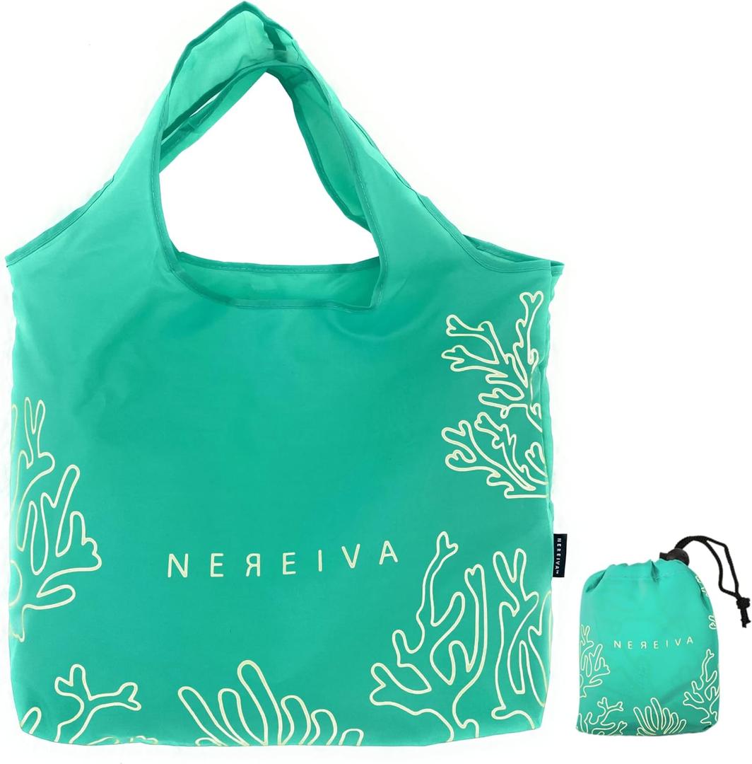 55 Pound Reusable Shopping Bag Sea Green - Foldable into a Small Pouch - Washable Reusable Grocery Bag, Durable & Stylish with handles for Easy Shoulder or Hand Carry