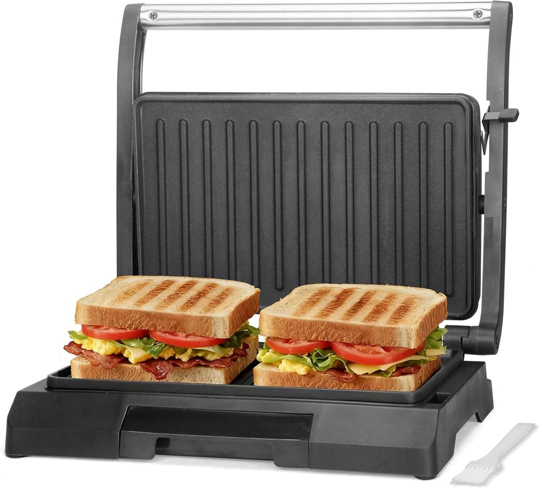 Baker's Friend 2 Slices of Mini Panini Press Electric Grill, Panini Grill Press Sandwich Maker Press, Sandwichera Electrical for Pancakes & Eggs, Oil Tray, Non Stick Surfaces, Stainless Steel