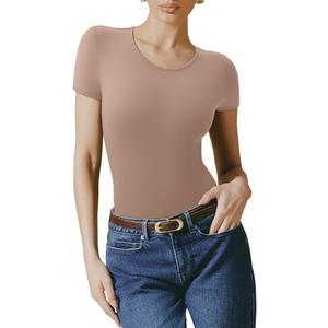 REORIA Women's Short Sleeve Round Neck Body Suits Fashion T-shirt Tops Bodysuits for women, Small