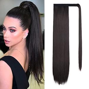 SEIKEA 24" Ponytail Extension Clip in Long Straight Wrap Around Pony Tail Natural Soft Synthetic Hairpiece Hair Extensions for Women Color Black