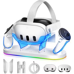Charging Dock for Meta Quest 3/3S, 18W Fast Charger with 2 Rechargeable Batteries, 8 LED Lighting Modes, USB-C Charging Accessory, Charging Stand for VR Headset and Controller