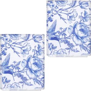 2 Pcs Chinoiserie Floral Bid Kitchen Towels, Blue White Flowers Bird Decorative Dish Towels, Absorbent Microfiber, 18 x 28 Inch, Farmhouse Style