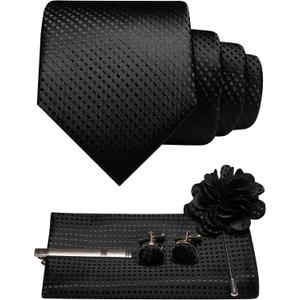 Mens Tie and Pocket Square,Lapel Pin,Cufflinks,Tie Clip Sets with Gift Box 5PCS (Black2)