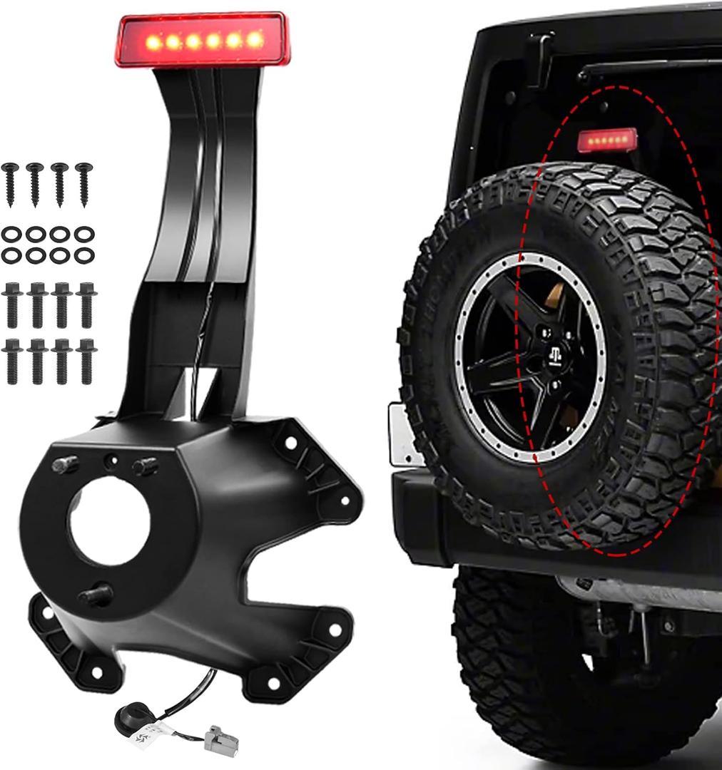 Spare Tire Holder Mounting Bracket with Screws Third Center High Mount Brake Light with Wiring Harness Compatible with 2007-2018 Jeep Wrangler JK Replaces 68048581AA, 55397217AJ (Red)