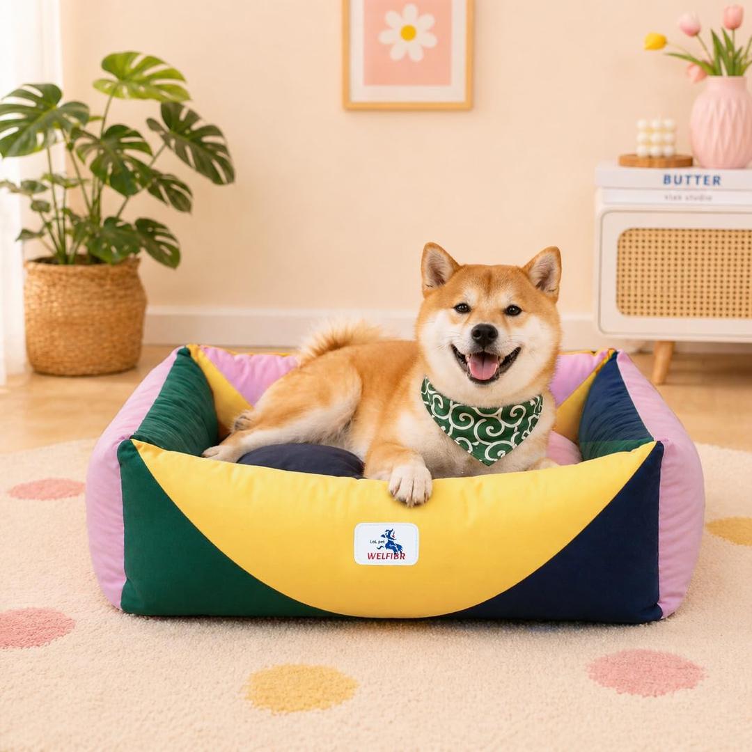 Cotton Canvas Dog Bed, Pink Dog Bed Medium Size Dog, Puppy Bed with Washable Removable Cover, Durable 290 GSM Cotton Anti-chewing Pet Bed with Anti-Slip Bottom (30"x25"x10", Pink &Y ellow  &Green)