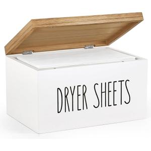 Dahey Dryer Sheet Holder with Lid Wooden Laundry Sheet Container Dispenser for Farmhouse Laundry Room Organization Decor, Versatile Storage Box for Softener Pods and Accessories, White