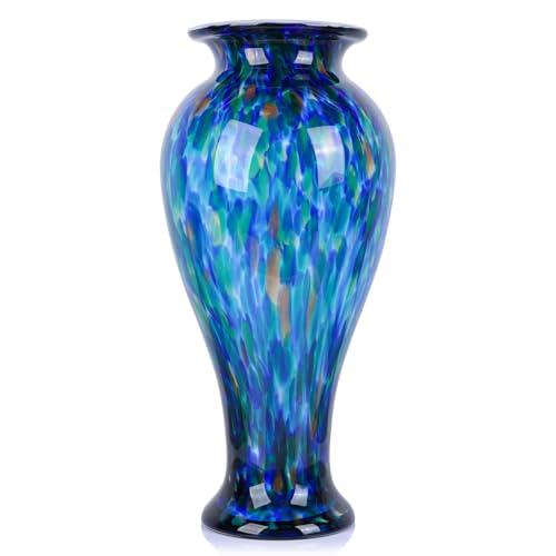 20" Tall Teal Blue Glass Vase Hand Blown Large Floor Glass Vase Home Decor, Pretty Modern Teal Blue Flowers Vases, Jarrones Grandes para Sala Elegantes, Large Vases for Living Room Wedding Decor
