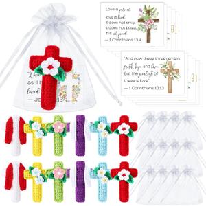 12 Sets Collectible Dolls Bulk Handmade Crochet Cross with Bible Prayer Cards for Women Church Religious Birthday Wedding Baptism Party Favors Stocking Stuffers Home Decor Gifts
