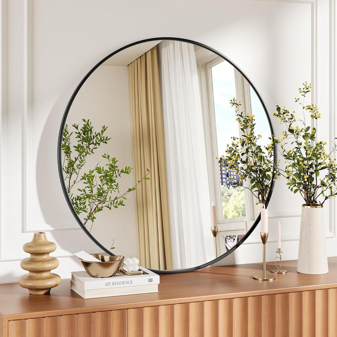 IDEALHOUSE 30Inch Black Round Wall Mirror, Circle Mirror Metal Frame for Bathroom, Vanity, Entryway, Bedroom, Living Room, Wall Mounted Modern Rustic Decor