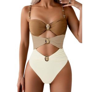 Verdusa Women's Cut Out Colorblock One Piece Swimsuit Ruched Swimwear Bathing Suit, M