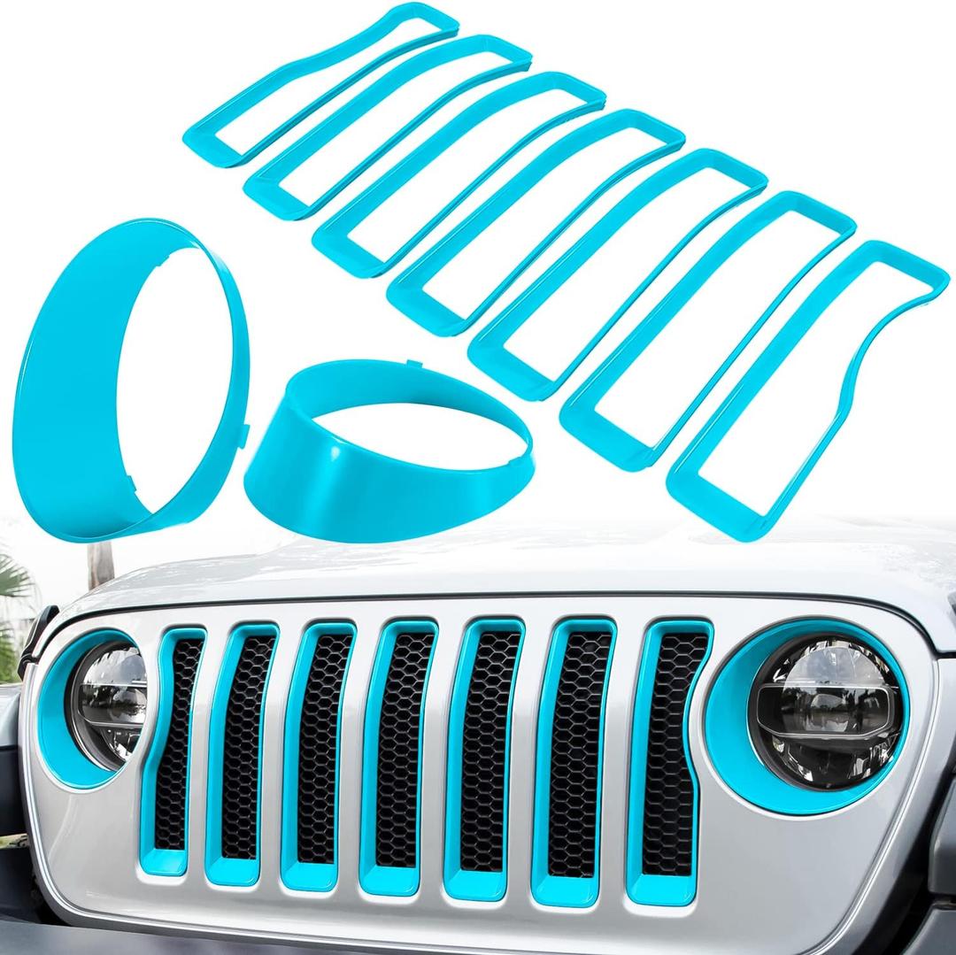 Front Grille Mesh Inserts & Headlight Cover for Jeep Wrangler JL JLU Unlimited Sport/Sports 2018-2023 Exterior Accessories Clip-in Grille Guard Cover Headlight Bezels Trim Ring (Light Blue 9PCS)
