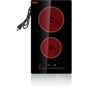 VEVOR Built in Electric Stove Top, 12 inch 2 Burners Ceramic Cooktop, Glass Radiant Cooktop with Sensor Touch Control, Timer & Child Lock Included, 9 Power Levels for Simmer Steam Slow Cook Fry,110V