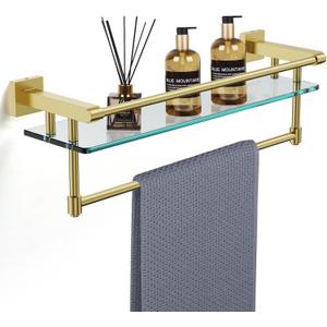 Bathroom Glass Shelf with Towel Rack Organizer Wall-Mounted Bathroom Storage SUS304 Stainless Steel Track Wall-Mounted Tempered Glass Stainless Steel Shelf (Brushed Gold, 20-inch)