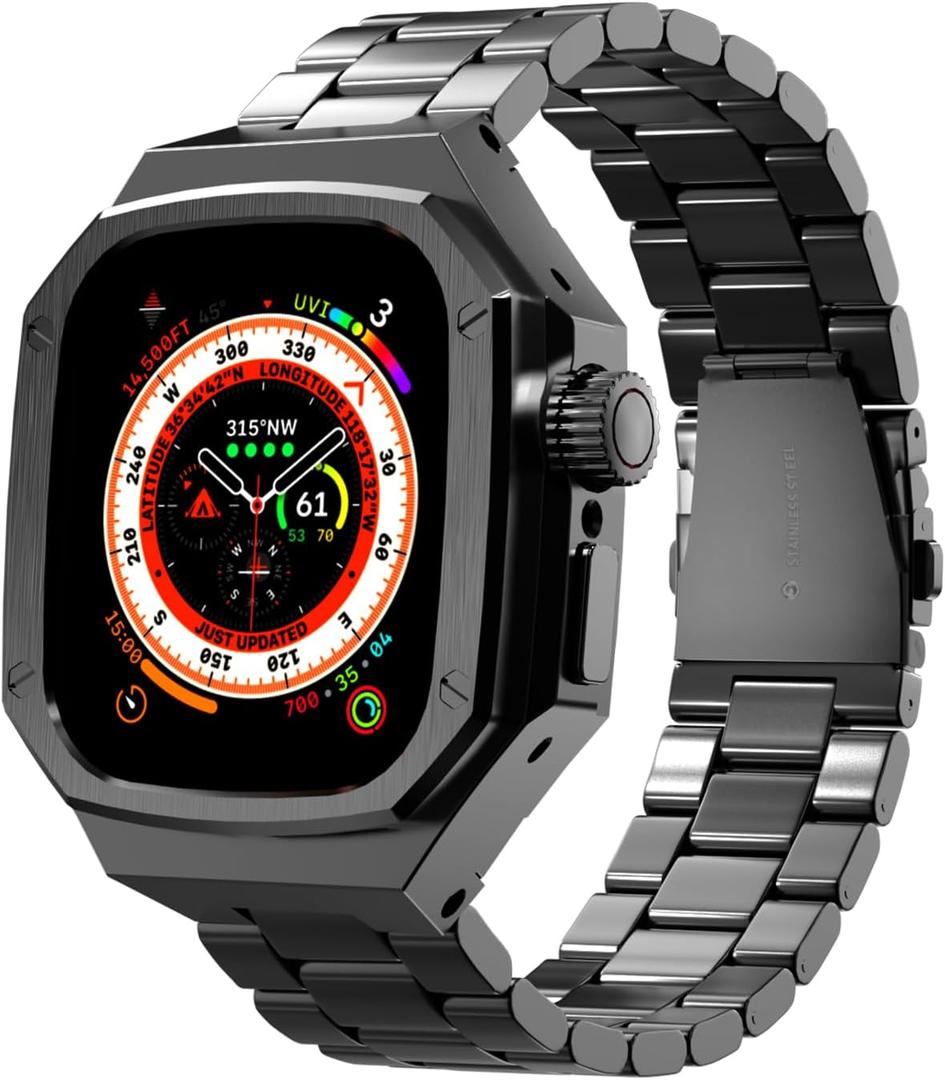 Luxury Aluminum Case with Stainless Steel Band for Apple Watch Ultra / Ultra 2 Titanium 49mm, Rugged Metal Military Protective Cover Protector, Tactical Heavy Duty Protection for Men iWatch, (Black)