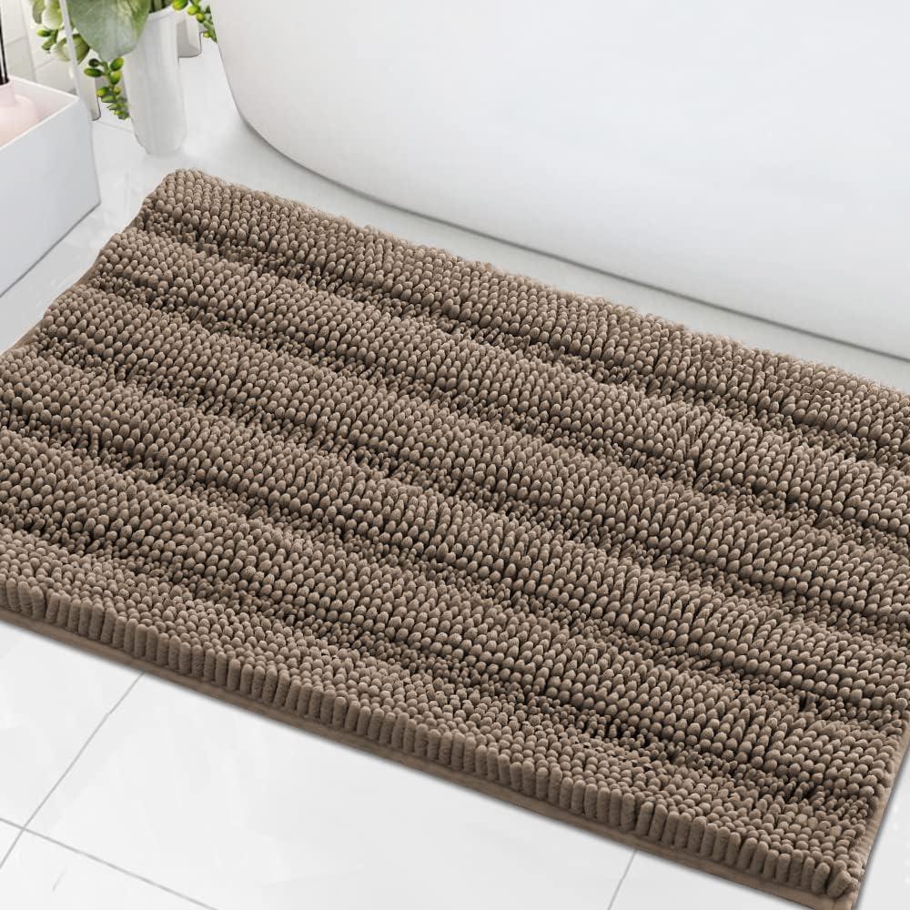 H.VERSAILTEX Bath Mats for Bathroom Non Slip Extra Thick Chenille Striped Bath Rug 24" x 36" Absorbent Non Skid Fluffy Soft Shaggy Rugs Washable Plush Mats for Indoor, Bath Room, Tub - Taupe Brown