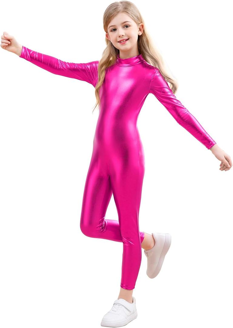 Girls Shiny Metallic Unitard Long Sleeve Leotard Turtleneck Kids Bodysuit for Costume Dance 7-8 Years
