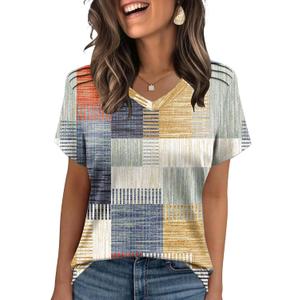 AKEWEI Womens Summer Tops V Neck T Shirts Pleated Clothes Spring Fashion Blouses (Medium, Colorful Plaid)