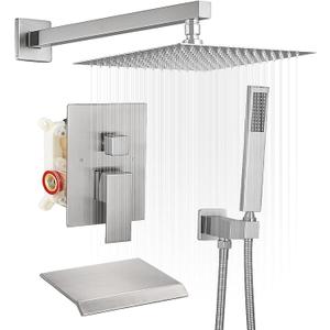 BWE Shower System with Waterfall Tub Spout Shower Faucet Set 10 Inch Square Brushed Nickel Rain Shower Head Bathroom Luxury Wall Mounted Shower Combo Set Rough-in Valve Body and Trim Included