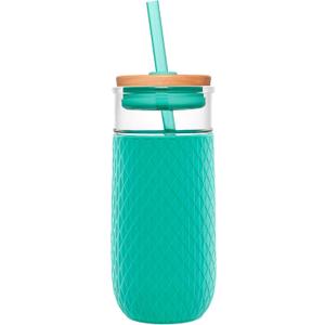 Ello Devon 18oz Glass Tumbler with Straw, Friction Fit Bamboo Wood Lid and Silicone Sleeve | Perfect for Iced Coffee, Tea, Matcha and Smoothies (Mint)