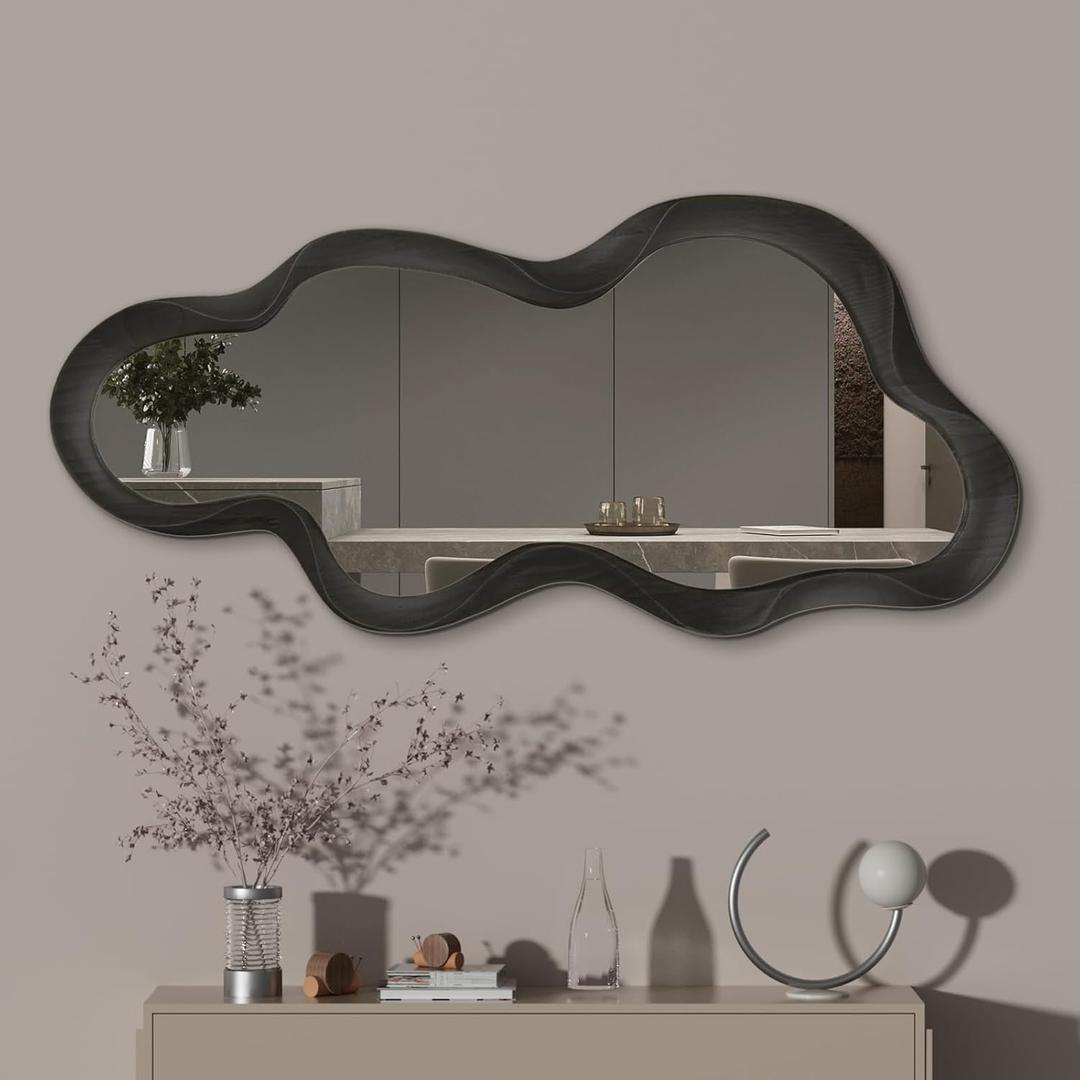 48"x 22" Irregular Wall Mirror, Wood Black Framed Wall Mirror, Asymmetrical Wall Wavy Mirror for Living Room Bedroom Entryway Bathroom Modern Decorative Mirror with Hanging Hooks