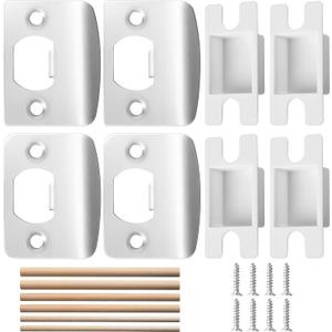 4 Pack Door Latch Strike Plate-Stainless Steel Door Lock Strike Plate Repair Kits-Standard Door Latch Restorer Reinforcement Plate with 6 Wood Dowel Strips for Home Office Door Frame Repair