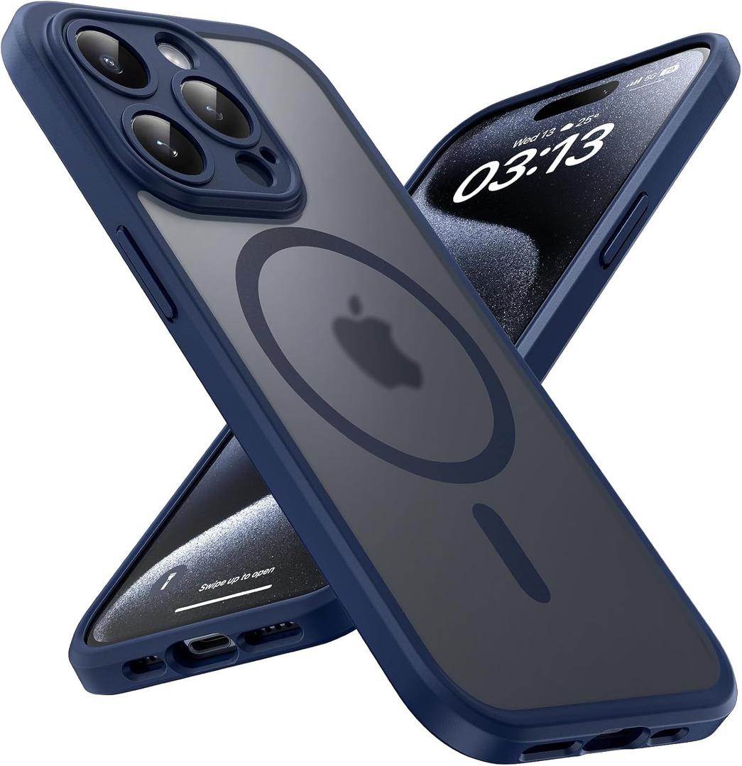 TOCOL Magnetic for iPhone 15 Pro Max Case, Upgraded Full Camera Protection, Compatible with Magsafe, Drop Protection, Translucent Matte Back Bumper Phone Cover 6.7-InchDark Blue