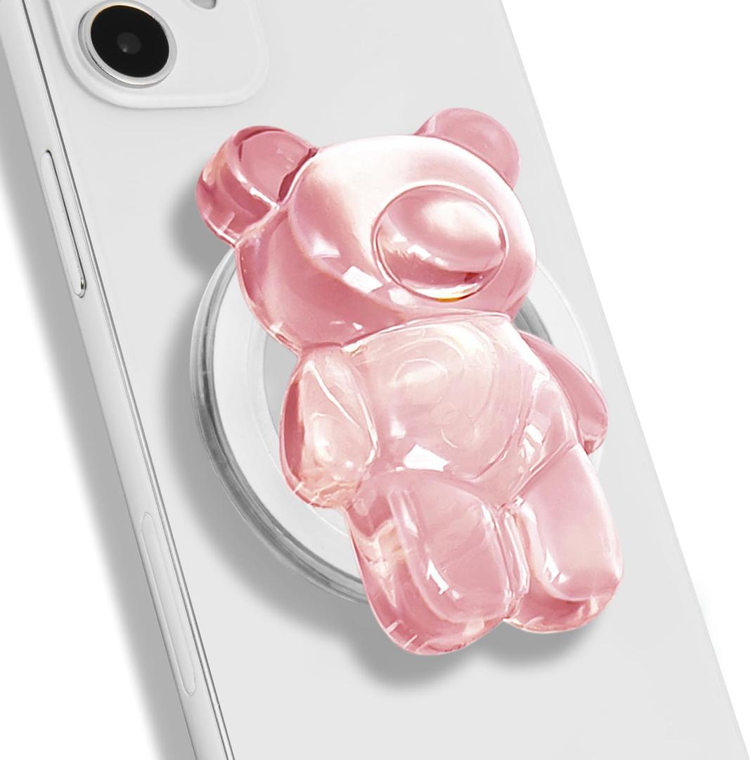 Magnetic 3D Gummy Bear Style Expandable Collapsible Mobile Phone Grip Stand Holder for Smartphone Tablet Cell Phone Accessory (Clear Pink)