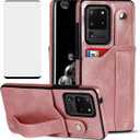 Design for Samsung Galaxy S20 Ultra 5G Phone Case with Screen Protector Adjustable Wrist Strap Kickstand Credit Card Slot Slim Shockproof Hybrid Rugged Protective Cover for Women 6.9" Rose gold