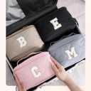 Wandering Nature Puffer Initial Makeup Bag, Personalized Travel Make Up Organizer Cosmetic Bags with Brush Holder and Divider, Gift with Chenille Letter for Moms, Wives, Girlfriend, Besties (E, Beige)