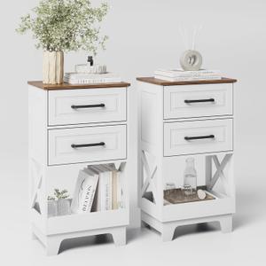 Tall Nightstand Set of 2 Side Table Modern Night Stand with 2 Drawers Wooden Rustic End Table Bedside Table with Upper Open Shelf Solid Feet for Bedroom, White+Walnut