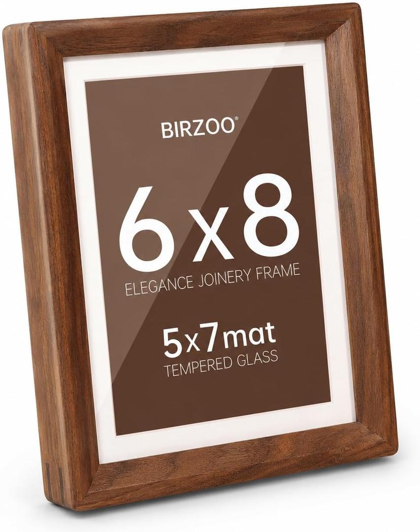 6x8 Picture Frame Solid Walnut Wood, Matted to 5x7, Tempered Glass | Includes White Mat for 5x7 Photo, Easy Back Opening, Wall or Tabletop Display for Home Decor