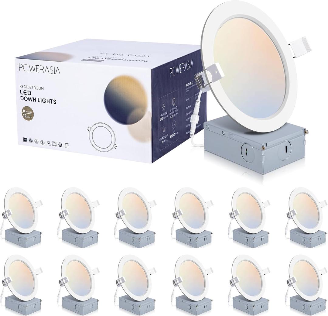 POWERASIA 12 Pack 6 Inch Ultra-Thin LED Recessed Ceiling Light with Junction Box, 5CCT Dimmable 2700K/3000K/4000K/5000K/6000K,15W 1200lm Can Killer Downlight-ETL and Energy Star Certified