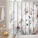 Grey Floral Shower Curtain, Spring Watercolor Wildflower Shower Curtain Set Waterproof Modern Farmhouse Bathroom Decor with Hooks, 72x72 Inch