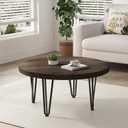 Rustic Wood Round Coffee Table with Metal Legs, Solid Elm Wood Top and Non-Slip Feet Pads - Farmhouse Style for Living Room, Walnut (Walnut Round)