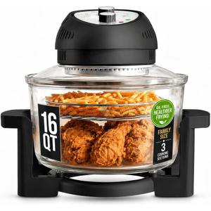 Granitestone 16 Qt Large Glass Air Fryer Non Toxic, Black | PFOA PTFE BPA Free, Large Family Sized Airfryer Cooker with 3 Cooking Sections, No Preheat, Self Cleaning, Dishwasher Safe